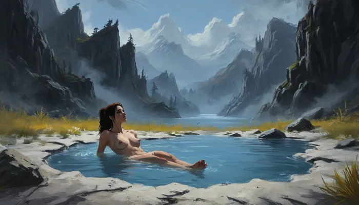 one woman, 30 year old, naked, sexy pose, hands behind head, laying in hot springs sulfur water, (sunny daytime, medieval wilderness, flat terrain, lowlands, skyrim eastmarch), very close view, (artwork, digital painting, fantasy art, loading screen art style), <lora:SDXLSamDoesArts:.1>, <lora:J_cartoon:.1>, <lora:EnvyAnimeDigitalPaintingXL01:.1>, <lora:Sinister_Style_SDXL:.1>