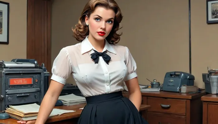 (in Mort Künstler art style), (in style of old vintage comics from 1930-1950s), competent secretary, 1950's outfit, sheer white blouse, (massive nipples sticking under clothes:1.2), black skirt, 1950's pinup style photo, (1950s entourage and setting:1.6), (1950s vintage color photography:1.6), full-body view, <lora:comix-000013:1.4>, <lora:CoMIX:1.4>, <lora:Comic_XL_V2:.5>, <lora:BUT_SDXL_SHS:1.4>