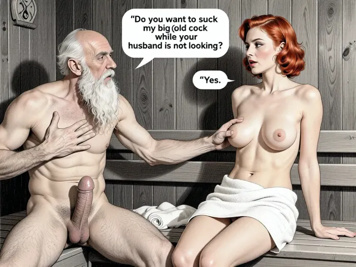 This is is a detailed monochromatic pencil drawing in a classical illustrative style depicts a scene set in USSR, in 1960s, bright, colorful colors, An old grandpa groping the medium breasts of a 25 year-old redhead European tourist in sauna, sitting, she is gorgeous, she is wearing a white towel, he is naked with big cock and long white beard, Speech bubble from grandpa "Do you want to suck my big old cock while your husband is not looking?". The woman replies "Yes."The overall mood is intense, rendered in fine, expressive line work and subtle shading, evoking the style of 1950s satirical or moralistic illustrations.