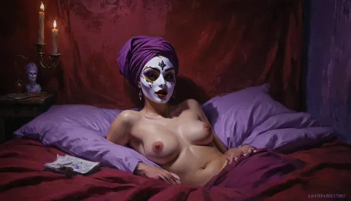 female, naked, laying on burgundy bed, wearing porcelain mask with purple turban, (artwork, digital painting, fantasy art, loading screen art style), <lora:J_cartoon:.1>, <lora:EnvyAnimeDigitalPaintingXL01:.1>, <lora:Sinister_Style_SDXL:.1>