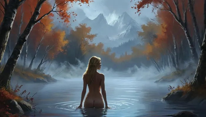 (Vex from skyrim, naked, 40 year old, scandinavian, long blonde hair, detailed face, small breasts, sexy slim body), (bathing pose in a big lake, hands behind head, watery body, breasts not visible, autumn birch trees in distance), (rear view, back view, view from behind, looking away face not visible), (artwork, digital painting, fantasy art, loading screen art style), <lora:SDXLSamDoesArts:.1>, <lora:J_cartoon:.1>, <lora:EnvyAnimeDigitalPaintingXL01:.1>, <lora:Sinister_Style_SDXL:.1>