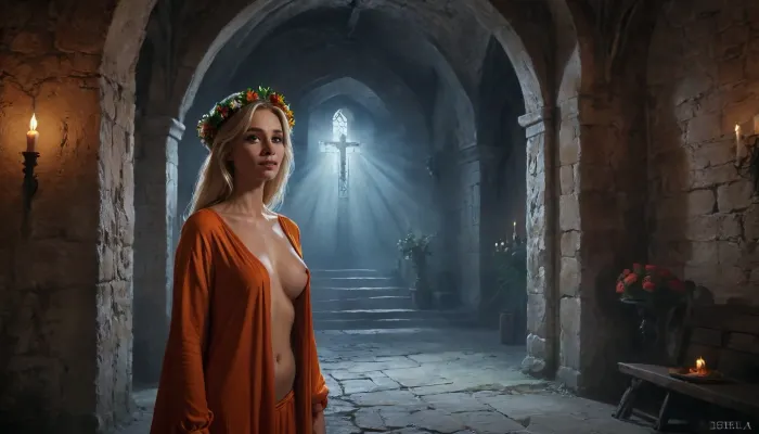 (one woman, mature 40 year old, blonde, small breasts, flower wreath on head, sensual smile), (wearing medieval orange robe, exposing breasts), (worshipping naked inside medieval chapel of Dibella, silver stone walls), view above waist, (artwork, digital painting, fantasy art, loading screen art style), <lora:J_cartoon:.1>, <lora:EnvyAnimeDigitalPaintingXL01:.1>, <lora:Sinister_Style_SDXL:.1>