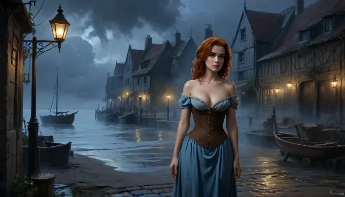 (one woman, Mirabelle Monet from Oblivion, french, mature 50 year old, ginger hair, small breasts, chubby), (outside medieval small seaside inn by the docks, dark rainy evening), (wearing sky blue dress with brown laced bodice corset), (hands on hips), (artwork, digital painting, fantasy art, loading screen art style), <lora:J_cartoon:.1>, <lora:EnvyAnimeDigitalPaintingXL01:.1>, <lora:Sinister_Style_SDXL:.1>