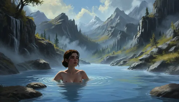 one woman, 30 year old, naked, sexy pose, hands behind head, laying in hot springs sulfur water, (sunny daytime, medieval wilderness, flat terrain, lowlands, skyrim eastmarch), very close view, (artwork, digital painting, fantasy art, loading screen art style), <lora:SDXLSamDoesArts:.1>, <lora:J_cartoon:.1>, <lora:EnvyAnimeDigitalPaintingXL01:.1>, <lora:Sinister_Style_SDXL:.1>