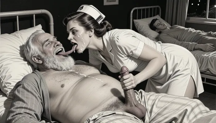 This is a detailed, monochrome pencil drawing in a classic illustration style, depicting a scene in the USSR during the 1950s, In a darkened hospital room at night, an obese, ugly, hairy, and bearded older white man in hospital pajamas lies in bed. A lustful, mocking smile plays across his ugly face, other patients are asleep in the same room. His penis protrudes from his hospital pajamas, and his hairy testicles are visible. A beautiful Russian woman with elegant brown hair and a curvy figure—featuring and wearing a nurse's dress and cap, she stands beside him, her tongue stuck far out, (((her face smeared with semen))), semen in her hair, semen on her clothing, her eyes and mouth are wide open, and her expression is intensely aroused. She holds his penis in her hand, leans down, and performs an intense blowjob, (deep-throating him), while his hand rests on her head. Side lighting creates a moody, sexual atmosphere. The overall mood is intense, the drawing is distinguished by fine, expressive linework and subtle shading reminiscent of the style of satirical or moralizing illustrations from the 1950s.