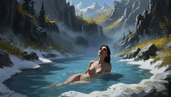 one woman, 30 year old, naked, sexy pose, hands behind head, laying in hot springs sulfur water, (sunny daytime, medieval wilderness, flat terrain, lowlands, skyrim eastmarch), very close view, (artwork, digital painting, fantasy art, loading screen art style), <lora:SDXLSamDoesArts:.1>, <lora:J_cartoon:.1>, <lora:EnvyAnimeDigitalPaintingXL01:.1>, <lora:Sinister_Style_SDXL:.1>