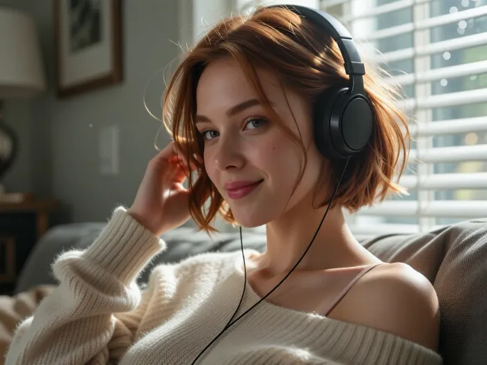 (ethereal aesthetic, surreal lighting:1.2), elegant and affectionate girlfriend, (auburn hair so fine and light it's nearly translucent and floating weightless, hair glow lighting), short hair, loose strands of hair framing face, stray hair glowing in sunlight, relaxed casual pose, reclined sprawl on couch, soft contented smile, focus on blissful and contended face, listening to music, wearing plain black studio headphones, hand raised to tuck hair behind her ear, living room, window, window blinds, (soft full lips, sharp defined jawline, delicate features), (hair glow lighting, hdr lens flare, crepuscular lighting through window, light motes), (tight closeup portrait, face bathed in sunlight:1.4), (layered composition with defined foreground and background, shallow depth of field), (girl-next-door beauty with natural charm), (comfortable casual attire, oversized loose sweater slipping off one shoulder, visible bra strap)