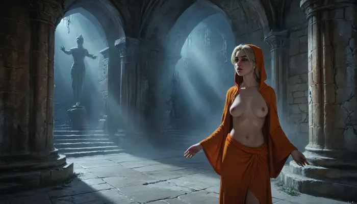 (Senna from Skyrim, 30 year old, french, bright blonde medium hair ponytail, small narrow squinched eyes, small breasts, neutral face without smile), (inside medieval bathhouse, silver-stone walls), (spreading arms forward, worshipping in front of marble statue), (orange medieval robes with hood, slightly visible sideboob), (side view above chest, angle from above), blue atmosphere, (artwork, digital painting, fantasy art, loading screen art style), <lora:J_cartoon:.1>, <lora:EnvyAnimeDigitalPaintingXL01:.1>, <lora:Sinister_Style_SDXL:.1>