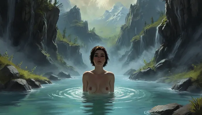 one woman, 30 year old, naked, sexy pose, hands behind head, bathing in hot springs sulfur green water, (sunny daytime, medieval wilderness, flat terrain, lowlands, skyrim eastmarch, post volcanic tundra area), very close view, (artwork, digital painting, fantasy art, loading screen art style), ais-sinisterz, <lora:SDXLSamDoesArts:.1>, <lora:J_cartoon:.1>, <lora:EnvyAnimeDigitalPaintingXL01:.1>, <lora:Sinister_Style_SDXL:.1>