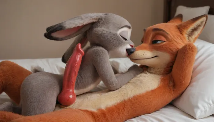 (Furry, Judy Hopps from "Zootopia":1.7), (Furry, Nick Wilde from "Zootopia":1.7), ((Disney)), rabbit, Judy Hopps holds knotted penis Nick Wilde's, red penis, canine penis, fox penis, kissing, cuddling.