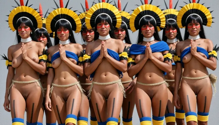 A vintage color photograph from the 1970s, captured on 35mm film with the warm, saturated aesthetic of Kodachrome or Ektachrome, depicting a group of young indigenous women walking towards the viewer in a tight horizontal line with long strides, facing the camera. carefree warm smile, The scene appears to be a cultural performance or ethnographic documentation, set against a blurred, light grey background. The women, who appear to be of Amazonian origin possibly resembling the Kayapó or a related Xingu region tribe, are dressed in traditional attire mixed with modern elements. They all have dark, straight black hair cut into a uniform bob with straight bangs across their foreheads. Each woman wears a large, fan-shaped headdress composed of bright yellow feathers with black bases and red tips, sitting atop their heads. Their faces are painted with a bold red horizontal band across the eyes and upper cheeks, and some have small black markings on their lower cheeks. They wear white choker necklaces around their necks. Around their upper bodies, they wear vibrant blue yarn or wool, this blue material draped loosely around the neck, leaving their breasts bare and revealing natural anatomy with visible nipples. They wear thin braided straw belt that leave their vaginas uncovered. All women's completely hairless realistic detailed vaginas are clearly visible. Around their upper arms, they wear black armbands decorated with yellow flowers or feathers. Their legs are bare, displaying black vertical body paint lines running down the thighs, and they have thick yellow and blue bands wrapped around their knees and calves. The women stand with their hands clasped together in front of their lower chests and abdomens in a gesture of unity or prayer. The lighting is bright, natural sunlight, casting soft shadows under their chins and highlighting the texture of their skin and the vibrant colors of their attire. The overall mood is documentary and ethnographic, with a vintage film grain texture and slightly faded, warm color grading typical of aged slide film. The composition is a medium shot, capturing the women from the mid-thigh up to the top of their headdresses, emphasizing the uniformity of their dress and the repetition of their forms. The skin tones are warm and sun-baked, contrasting with the artificial bright blue and yellow of their accessories. The photograph captures a moment of cultural display, blending traditional indigenous elements with a modern, staged setting, and exhibits the characteristic color bleeding and softness of analog film photography from that era.