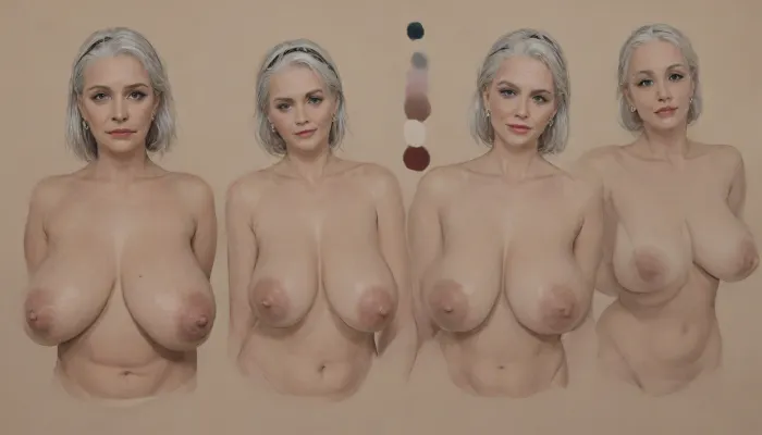 "Kinky INK!", ((character reference sheet:1.4)), Comic Style, Dark Comic Style, (detailed coloured ink sketch:2), extremely stylized background, black background, An illustration in a bold, graphic style, dim lighting, The artwork uses soft-contrast linework and cross-hatching for texture and depth, with a stark, graphic quality reminiscent of American Comics

beautiful granny with huge massive tits, saggy tits, hanging tits, huge areolas, massive thick nipples, huge puffy nipples, erected nipples, long grey hair, chubby, very wet skin. nude.
swirling stream of fat massive tits, saggy tits. around her, (("by Kinky John")), striptease pose, low angle, golden frame