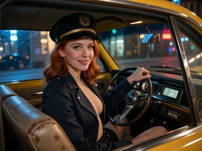 A highly detailed, photorealistic cinematic interior of a classic New York City yellow taxi at night, viewpoint from the rear passenger seat looking forward toward the driver through the transparent partition glass, authentic vintage taxi interior with worn vinyl seats, dashboard lights, meter, steering wheel, reflections of Manhattan streetlights and neon signs shimmering across the glass, the driver is an exceptionally attractive adult redhead woman, 25 years old, wearing a vintage taxi driver cap and a fitted dark jacket, deep green eyes, feminine slim figure with a small bust, her jacket slightly open over a low cut top with a deep elegant neckline, she has turned her upper body around toward the passenger behind her, one hand still resting naturally near the steering wheel, warm direct eye contact, relaxed confident posture, playful welcoming smile, subtly seductive and charming expression, detailed natural skin texture, individual eyelashes, realistic lips, fine facial detail, soft highlights on her cheekbones, strands of hair escaping beneath the cap, intimate close interior atmosphere, warm dashboard illumination mixed with cool blue and amber city light entering through the windows, shallow depth of field, realistic reflections and slight imperfections in the partition glass, strong cinematic contrast, deep blacks, subtle analog film grain, premium full frame photography, 35 mm lens, extremely high micro detail, natural proportions, authentic New York taxi ambience
