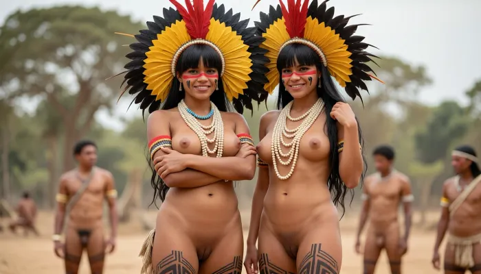 (full body view), A realistic photograph of two indigenous Brazilian women standing in traditional tribal attire, captured using a professional film camera with a 50mm lens at f/2.8 to create a shallow depth of field. The primary subjects wear expansive fan-shaped headdresses made from brilliant yellow and black parrot feathers, crowned by long red plumes. Their dark hair is long and straight, featuring thick, blunt bangs across the forehead. Their facial ornamentation consists of a thick horizontal red stripe painted across the bridge of the nose and eyes, paired with small black geometric markings on the cheeks. Multiple heavy strands of cream-colored beaded necklaces drape over their chests, providing a bright contrast to their warm, sun-kissed skin. both women's completely hairless vaginas are clearly visible. their outer thighs are marked with complex, dark geometric line patterns that extend down to the knees. The woman on the left stands with her arms crossed over her chest, facing the camera with a carefree warm smile. The woman on the right is positioned slightly to the side, adjusting her hair with a sweet shy smile. The lighting is bright, natural, and diffused, creating soft highlights on their shoulders and the texture of the feathers. In the background, other members of the tribe are visible as blurred, out-of-focus shapes against a backdrop of muted green trees and dusty earth. The color palette is rich in earthy browns, vibrant yellows, and deep reds, reflecting a vintage documentary aesthetic with subtle film grain. The composition is a medium-wide shot that captures the full ornate headdresses and the environment, emphasizing the cultural significance of the attire. 8K ultra-detailed resolution, ethnographic portraiture, high-quality cinematic lighting, sharp focus on the subjects, and natural skin textures.