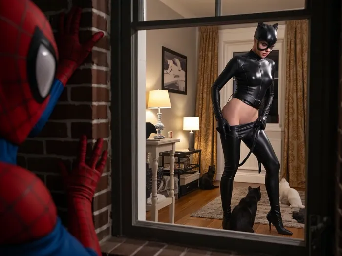 immeuble new yorkais, spiderman et catwoman, une fenêtre d'immeuble à l'intérieur d'un appartement coquet et et girly, détails naturels, au milieu de la pièce catwoman est de profil en train d'enlever son pantalon en latex avec ses 2 mains elle est debout penchée légèrement en avant cambrée jambes tendues le pantalon au niveau des cuisses les yeux tournés vers le sol elle regarde un chat par terre, visage de catwoman réaliste, net, le soir tombe l'appartement est éclairé par des lampes dans la pièce quelques chats vivent dans la pièce, au premier plan on distingue une partie de spiderman portant son masque il est accroché au mur extérieur de l'immeuble new yorkais en briques avec ses mains qui collent à la paroi il penche la tête pour regarder discrètement à l'intérieur de l'appartement, prise de vue de l'extérieur de l'immeuble vue de la pièce au travers de la fenêtre