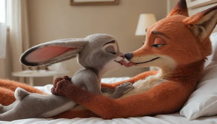 (Furry, Judy Hopps from "Zootopia":1.7), (Furry, Nick Wilde from "Zootopia":1.7), ((Disney)), kissing, cuddling, on bed.