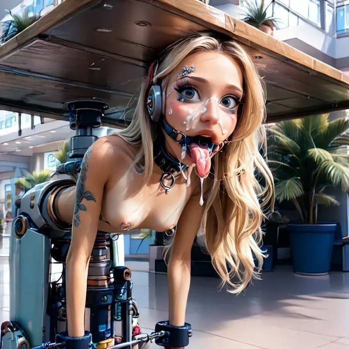 outdoors, (paradise island mall:1.3), (side view:1.3), (under bar table counter:1.5), (narrow innocent looking face:1.6), (light very white sci-fi bdsm machine:1.7), (young beautiful petite woman:1.7), (((woman is stuck up leaning forward in a small horizontal hole with bdsm light machine:1.6))), ((lower body totally restrained in small horizontal machine:1.7)), ((head is fixed behind:1.8)), (arms behind in machine:1.7), (stuck from small horizontal rim machine:1.6), ((electronic mouth spreader ring gag:1.7)), (very wide open mouth:1.6), ((model cutie:1.8)), (perfect:1.5), (slender fit skinny:1.6), (small thin waist:1.3), (tattooed wide shoulders:1.4), (clear narrow perfect dark eyes:1.6), (perfect lips), ((very long wide smooth light white tongue out down:1.7)), ((round tongue's end:1.6)), (cum flows out from mouth:1.7), (cum on face:1.3), (light massive very oversized electronic collar device around very short throat:1.6), (blonde smooth silky long hair:1.5), (firm perky implanted medium breasts:1.5), (her boobs is spread apart:1.6), (tan fair very oiled skin:1.6), (very beautiful perfect face:1.7), thin beautiful eyebrows, (very gorgeous:1.5), (sexy:1.4), (nipple ring piercings:1.4), (satisfied:1.6), (tattoo:1.3), (seductive sexy makeup:1.5), (long black eyelashes:1.4), lipstick, (stunning:1.3), (dimples on cheeks:1.4), (paradise island:1.3), (palm trees:1.2), (bright day:1.5), (masterpiece:1.1), <lora:skinny11:.5>, <lora:Microwaist_XL_v01:1.5>