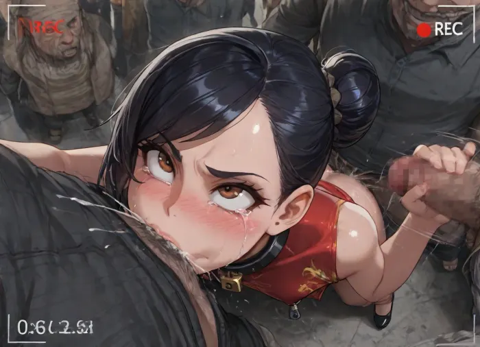 Nsfw, from side, from above, gangbang, enf, perfect face, masterpiece, big eyes, brown eyes, (young Japanese girl:1.2), (the girl is red china dress:1.2), (the girl is Thick black large collar and large padlock:1.3), no panties, Black shoes, (the girl is hair bun), top knot, (black hair), (single bun:1.8), (hair behind ear:1.2), (forehead:1.2), (swept bangs), very small breast, (angry:1.2), (crying:1.4), (tears:1.5), (ahegao, (orgasm:1.3), (blushing, Japanese face, furrowed brow, (deep throat), long shot, city street, (recording:1.2), (homeless man:1.2), (homeless oldmen crowd:1.4), (homeless man is excessive forced sex:1.3), {, the girl handjob man), (the smiling man is dressed))