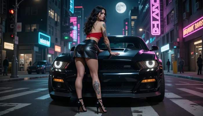 1 sexy woman, 25 years old, long wavy dark hair, perfect slender body, perfect face, full body view, rear view with an angle, wearing a black leather mini skirt and a red crop top, black high heels, (full-body tattoos), looking to the side, standing at a large street-intersection in a cyber neon city, leans with her hands on the hood of a muscle car, (neon signs), night, dark, neon lights, moonlight, masterpiece, best quality, niceheels, stiletto, heel, strappy