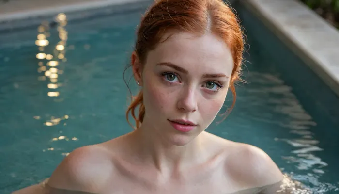 (21 year old woman), (soft focus), (moody romantic lighting, candle light, string lighting:1.2), (ultra realistic, realistic, photorealistic, photo realistic, photorealism, photo realism), (maximum quality, ultra-detailed, insanely detailed, highly detailed, high quality, uncompressed, raw source photograph), (highly detailed eyes, high resolution eyes, high quality eyes, highly detailed skin, detailed skin texture, highly detailed hair), (same color eyes, symmetric eyes, matching eyes, detailed eyes, detailed iris, detailed pupils, limbal ring around iris, perfectly round iris, perfectly round pupils), (striking eyes, captivating eyes, mesmerizing eyes, glittering eyes, Fae eyes), (highly detailed skin, detailed skin texture, highly detailed hair), (flushed face, flushed cheeks, rosy cheeks, flushed neck, flushed chest), (Irish, red hair, pale skin with prominent tan lines and freckles), (relaxing in a beautiful outdoors pool:1.4), (highly detailed nipples, high resolution nipples, high quality nipples)