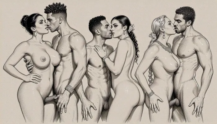 Nsfw. Pornographic art. full body view, Rough charcoal sketch on textured paper, couples of beautiful nude woman from diverse ethnicities, curvy, busty, wide hips, traditional hairstyles and jewelry. All in explicit Lesbian sexual intercourse poses. clean line art, ethnographic erotic studies
