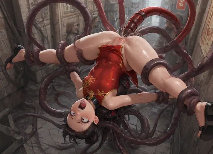 From side, from above, 1 girl, masterpiece, (big eyes:1.2), (open legs:1.5), brown eyes, (young Japanese girl:1.2), (the girl is red china dress:1.3), (the girl is Thick large black collar and large padlock:1.3), no panties, Black shoes, (the girl is hair bun), white long ribbon, top knot, (black hair), (single bun:2.1), (hair behind ear:1.2), (forehead:1.2), (swept bangs), very small breast, floating upside down, (angry:1.2), (crying:1.4), (ahegao:1.4), (orgasm:1.2), (screaming:1.5), (fucked by mechanical tentacles:1.6), slimy metal tentacles caressing her body, ahegao, glowing blue eyes, cum on back, Arms held back, head held back, ripped clothes, tentai, bukkake, graphic triple penetration, forceful sex, brutal sex, CNC vibes, she is being lifted off the ground, she is floating in the air, violently fucked and ravaged by the tentacles, her body is lifted off the ground, her toes are bare, (nude:1.2), (her clothes are being ripped:1.3), her ass and vagina are clearly being penetrated, her mouth is being filled with cum too, she is levitating in the air, floating in the air being held up by the tentacles that are fucking her, she’s upside down, floating in the air, legs being held apart, she looks hopeless and violated, (in city street back alley:1.2), (homeless oldmen crowd:1.3)