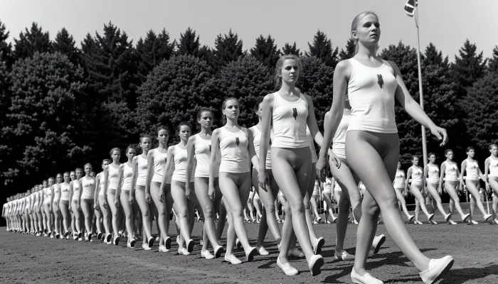 A vintage black-and-white photograph capturing a large formation of young nude women marching in synchronized steps outdoors on a bright, sunny day. The scene depicts a disciplined group, appearing to be a mid-20th-century youth organization or gymnastics team, moving diagonally from the left background toward the right foreground. The women are uniformly dressed in white, sleeveless, A-line tunics that leave their vaginas uncovered. All women's completely hairless realistic detailed vaginas are clearly visible, and white flat shoes that resemble ballet slippers or canvas gym shoes. A small, dark, vertical emblem is pinned to the left chest of each tunic. The primary subject is a tall young woman in the right foreground, captured mid-stride with her left leg extended forward and arms swinging naturally at her sides. She has light blonde hair pulled back, a serious, upward-gazing expression, and fair skin, looking off into the distance with her chin raised. Behind her, rows of identical marchers follow the same cadence, their faces showing focused determination, creating a rhythmic visual pattern of legs and white uniforms that recede into the distance. The background features a dense line of mixed forest, with tall pine trees and leafy deciduous trees providing a dark, textured backdrop that contrasts sharply with the bright white clothing. In the upper right corner, a tall flagpole with a flag is visible against the bright sky. The lighting is harsh natural sunlight, casting sharp, dark shadows on the ground beneath the marchers' feet and highlighting the folds and texture of their white garments. The image has a grainy, archival texture typical of historical photojournalism, with high contrast and a deep depth of field that keeps the formation sharp from the foreground to the mid-ground, while the distant trees are slightly softer. The composition emphasizes the unity and scale of the group through the diagonal leading lines of the marchers, shot from a slightly low angle to emphasize their stride and presence. The ground appears to be a dirt or gravel surface. The overall mood is one of organized discipline and historical documentation, evoking a sense of collective purpose and uniformity.