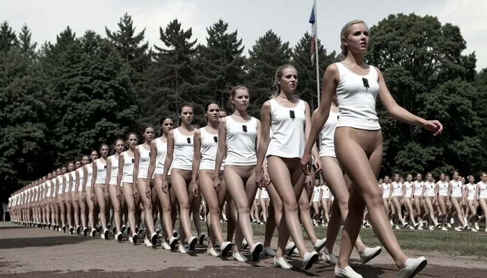 A vintage colorized black-and-white photograph capturing a large formation of young nude women marching in synchronized steps outdoors on a bright, sunny day. The scene depicts a disciplined group, appearing to be a mid-20th-century youth organization or gymnastics team, moving diagonally from the left background toward the right foreground. The women are uniformly dressed in white, sleeveless, A-line tunics that leave their vaginas uncovered. All women's completely hairless realistic detailed vaginas are clearly visible, and white flat shoes that resemble ballet slippers or canvas gym shoes. A small, dark, vertical emblem is pinned to the left chest of each tunic. The primary subject is a tall young woman in the right foreground, captured mid-stride with her left leg extended forward and arms swinging naturally at her sides. She has light blonde hair pulled back, a serious, upward-gazing expression, and fair skin, looking off into the distance with her chin raised. Behind her, rows of identical marchers follow the same cadence, their faces showing focused determination, creating a rhythmic visual pattern of legs and white uniforms that recede into the distance. The background features a dense line of mixed forest, with tall pine trees and leafy deciduous trees providing a dark, textured backdrop that contrasts sharply with the bright white clothing. In the upper right corner, a tall flagpole with a flag is visible against the bright sky. The lighting is harsh natural sunlight, casting sharp, dark shadows on the ground beneath the marchers' feet and highlighting the folds and texture of their white garments. The image has a grainy, archival texture typical of historical photojournalism, with high contrast and a deep depth of field that keeps the formation sharp from the foreground to the mid-ground, while the distant trees are slightly softer. The composition emphasizes the unity and scale of the group through the diagonal leading lines of the marchers, shot from a slightly low angle to emphasize their stride and presence. The ground appears to be a dirt or gravel surface. The overall mood is one of organized discipline and historical documentation, evoking a sense of collective purpose and uniformity.