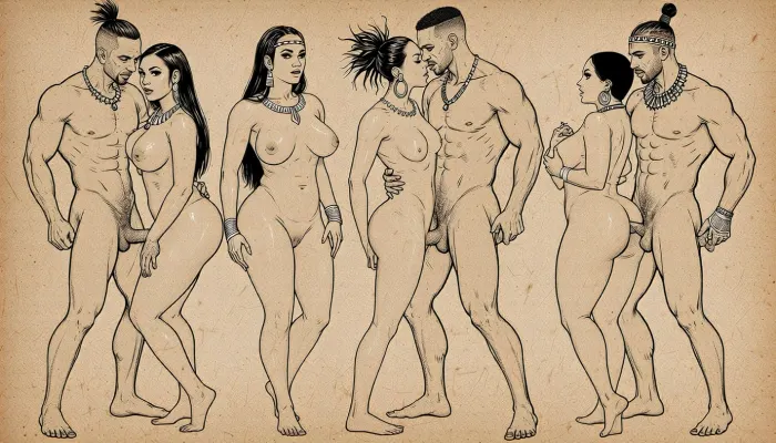 full body view, Rough ink drawing on aged parchment, Nsfw. Pornographic art. explicit sexual intercourse poses of heterosexual couples of beautiful nude people from diverse ethnicities. curvy, busty, wide hips women. mascular, large cock men. traditional hairstyles and jewelry. clean line art, ethnographic erotic studies