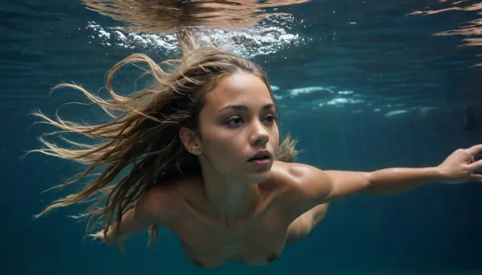naked woman with long, loose, slightly tousled hair, small breasts, dark brown skin, she is diving and swimming horizontally underwater, side view