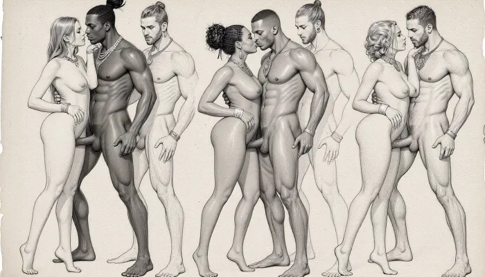full body view, Rough charcoal sketch on textured paper, Nsfw. Pornographic art. explicit sexual intercourse poses of heterosexual couples of beautiful nude people from diverse ethnicities, curvy, busty, wide hips women, mascular, large cock males, traditional hairstyles and jewelry. clean line art, ethnographic erotic studies