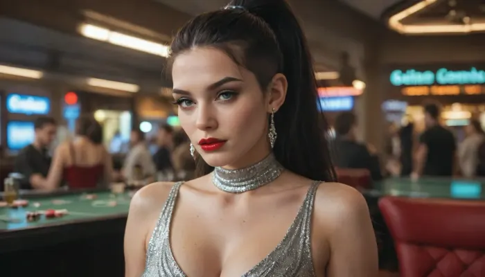 buzzcut hair, long ponytail hair, pitch black hair, clear blue eyes, bright red lipstick, green eyeshadows, high cheeck bones, dimples, silver sequin dress, mock neck dress, cleavage, diamond earrings, casino lobby