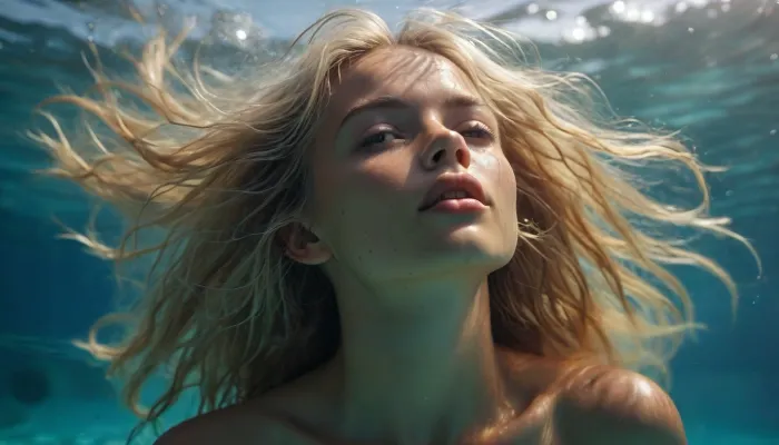 naked woman with long, loose, slightly tousled hair, small breasts, dark brown skin, she is diving and swimming horizontally underwater, <lora:MJ52:1.1>