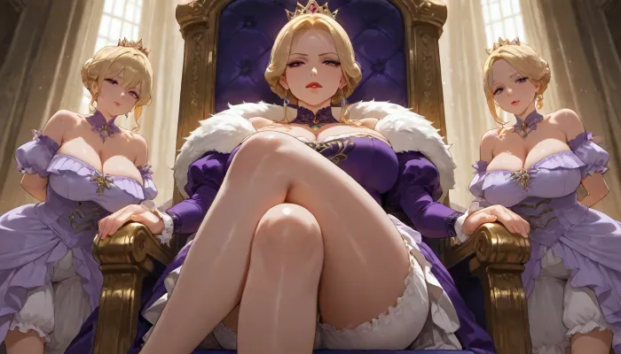 MILF, voluptuous, blond, hair in a bun, red lips, black eyeliner, purple Victorian dress, white bloomers, crown, sitting on a throne, legs crossed, top of dress pulled down past the shoulders