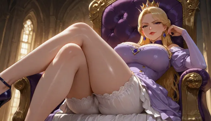 MILF, voluptuous, blond, hair in a bun, red lips, black eyeliner, purple Victorian dress, white bloomers, crown, sitting on a throne, legs crossed, smirk, angry