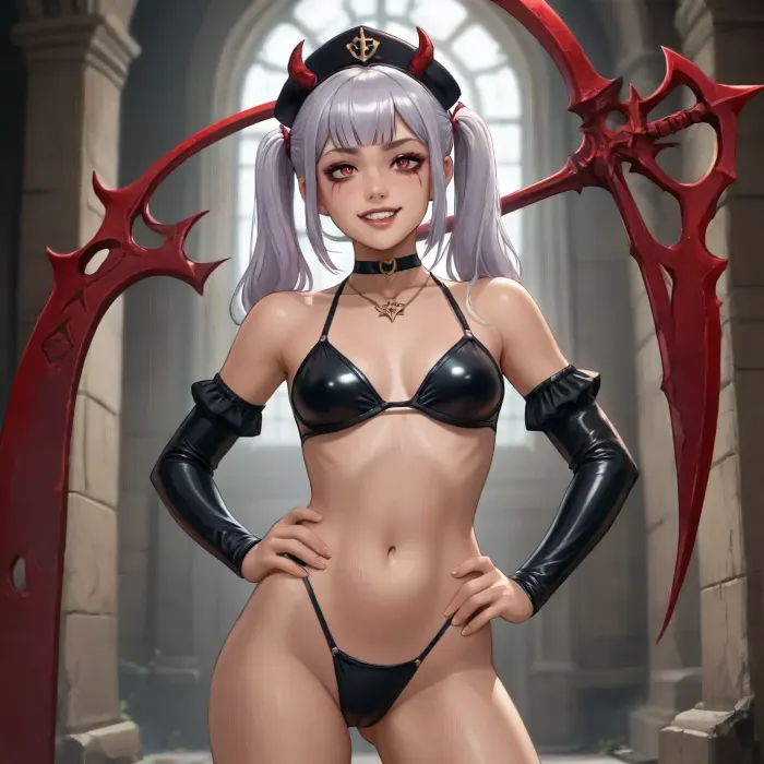 noelle genshin impact from genshin impact dross style reiq meets Devil girl, black long Hair, twin pigtails, red eyes, heavy eye makeup, Sharp teeth, devil horns, dark red skin, dark stripes, pentagram necklace, petite body, athletic Body, skinny, small breasts, Standing in dungeon, Standing guard, Holding big scythe over shoulder, Hand on hip, legs apart, black Latex Bikini, choker, evil grin