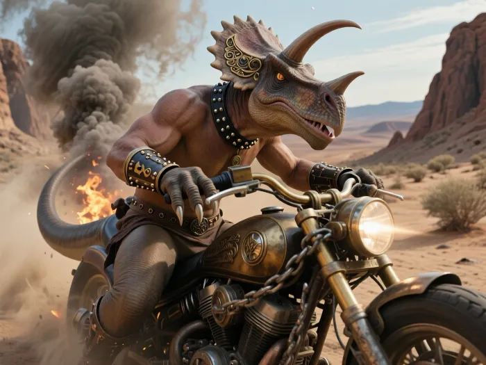 a surreal high-fashion editorial of a dignified Triceratops with ornate horns expertly piloting a colossal, custom-built steampunk chopper that has been modified with heavy-duty industrial chains to support the creature's immense weight. The dinosaur is wearing a studded collar and heavy metal wrist-cuffs, its clawed hands gripping brass handlebars with intense focus. The scene is set roaring through a dusty Mojave desert canyon, captured from a dynamic side-profile action shot that emphasizes the sheer scale of the rider. The atmosphere is thick with swirling exhaust smoke and embers, illuminated by harsh strobe lights, rendered in a gritty, grainy film noir style with high contrast in the background., cinematic shot, dynamic lighting, 75mm, Technicolor, Panavision, cinemascope, sharp focus, fine details, 8k, HDR, realism, realistic, key visual, film still, cinematic color grading, depth of field.