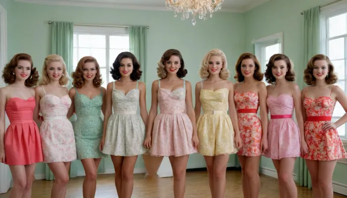 masterpiece, ultra-detailed, cinematic photo, 1950s-60s retro American aesthetic, hyper-polished perfection, fashion magazine style group portrait, wide-angle composition, a lineup of 14 beautiful women standing in coordinated formation, all smiling with immaculate posture and eye contact, each wearing a mid-century inspired floral underwear, colorful patterns, (roses, daisies, tulips), white heels, and pastel-toned accessories, hairstyles are all voluminous curls or perfect updos, makeup elegant and vibrant, setting is a polished wooden floor in a well-lit room, large glass French windows behind them, soft box lighting casting subtle gloss across the dresses and hair, color palette, candy tones, saturated yellows, reds, soft whites and greens, ultra-clean and color-harmonized, mood, surreal perfection, suburban utopia, subtle unease beneath perfection, inspired by Stepford Wives, Barbie Dreamhouse, and fashion propaganda aesthetic of mid-century America.