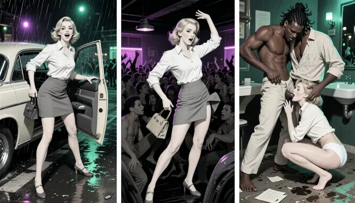 This is is a detailed monochromatic pencil drawing in a classical illustrative style depicts a scene set in 1960s, chaotic nightclub night. Same young woman in all panels, 18 yo, identical face and body, elegant blonde ponystyle hairstyle, in blouse and a flattened skirt, shoes, handbag as recurring object. Left panel, night rain, open taxi door, wet asphalt reflecting green and purple lights, she looks alive and excited, spontaneous start of the night, Center panel, Exactly the same woman, deep inside a dark, crowded club, mosh pit-like energy, tightly packed bodies, almost no free space, she is not posing or isolated, torso leaning forward into the rhythm, arms thrown high in wild motion, head moving, the hem of the skirt is pulled up showing white panties.A Caribbean man in a dance hugs and touches her.Right panel, nightclub bathroom, dark greenish light, scattered paper, wet floor, dirty sink, She's squatting down and licks the cock of Caribbean man, in open unbuttoned blouse and white panties, bare legs and butt, Caribbean man with a penis, 28 years old, long dreadlocks, dark skin, broad shoulders, light beige open linen shirt, unbuttoned pale linen trousers pulled down to his knees, with mocking face, his hand on her head, Raw, mocking, The overall mood is intense, rendered in fine, expressive line work and subtle shading, evoking the style of 1950s satirical or moralistic illustrations.