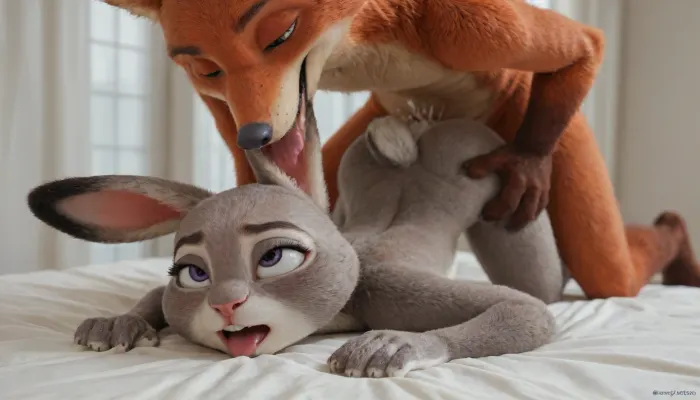 (Furry, Judy Hopps from "Zootopia":1.7), (Furry, Nick Wilde from "Zootopia":1.7), ((Disney)), doggystyle, face down, ballsdeep, vaginal penetration, Nick holding ass, (ahegao, blushing, fucked silly), (cum explosion)