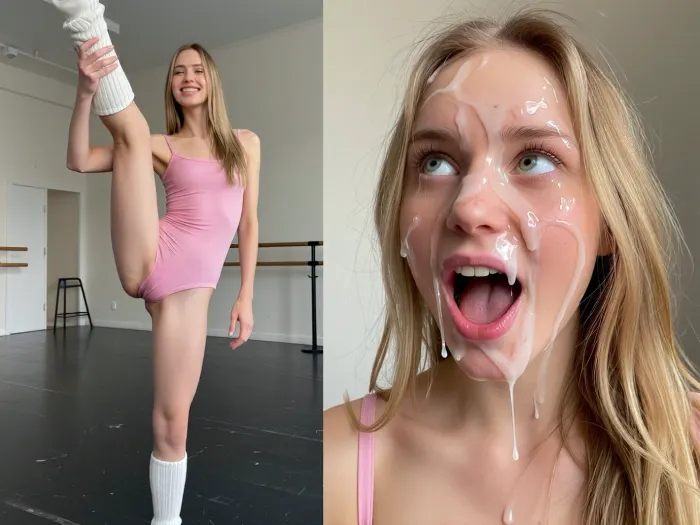 (side-by-side, two full body shot pictures, of the same 6 foot 2 inch tall and 35kg extreme skinny anorexic Austrian 30yo adult ballet dancer with small tits, she looks like avva.ballerina, long skinny legs, narrow hips, thigh gap, long slim legs, with long blonde hair and tall narrow nose and narrow long face, moles:1.3), BREAK, in the left picture she looks shy and laughing happy, dressed in tight pink ballet costume and white knitted tights, lifting one leg up in ballet pose, (right picture her face and forehead and hair is completely covered in excessive amounts of realistic semi-transparent cum, an excessive amount of cum is on her face and in her mouth and in her hair, cum is dripping down on her nude chest, cum dripping from nose and chin, cum in hair, cum in eyes), her eyes are open wide, but filled with sticky cum, her hair is messy, (her facial expression in the right picture is extremely horny, moaning in delight, cum is gushing from her mouth:1.2), ((The woman is the same extreme skinny tall pretty adult woman on both pictures, same pose:1.3)), Background for both pictures is ballet practice hall, extremely naturalistic an realistic