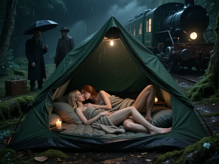 An extremely dark, photorealistic cinematic nighttime scene, underexposed by approximately three stops, dominated by crushing deep blacks, muted forest greens and dark moss tones, violent nighttime rain, dense black-green mist, absolutely no neon glow or supernatural illumination, viewpoint immediately outside the half open entrance of a large dark-green camping tent, looking along the full length of the tent toward its deep rear interior, the entrance itself occupies only the near foreground framing, both adult women are lying COMPLETELY INSIDE THE TENT, their entire bodies including heads, shoulders, arms, hips, legs and feet are well behind the entrance plane and protected beneath the tent roof, neither woman touches or overlaps the threshold, at least one full body length of sheltered tent interior surrounds them, their upper bodies and faces are oriented toward the entrance and therefore visible to the viewer, while their legs extend AWAY FROM THE VIEWER toward the deepest rear section of the tent, strong foreshortening clearly establishes this orientation, one woman is 24 years old with long blonde hair, the other 24 years old with long red hair, clearly different faces and appearances, they lie comfortably side by side on a thick insulated sleeping mat, surrounded by rumpled blankets, sleeping bags and soft pillows, partially tucked beneath a warm blanket, cuddling closely, gently kissing and embracing, completely relaxed, warm, dry, sheltered and unaware of the rain outside, the entire tent interior is softly filled with dim warm amber candlelight, flickering naturally across their faces, skin, bedding and dark-green canvas walls, one small candle stands safely on its own stable surface deeper inside beside them, the large dry interior behind and around their bodies remains clearly visible, outside the entrance begins an immediate boundary of cold rain and darkness, several REAL PEOPLE silently stand beyond the tent as near-black silhouettes with completely unreadable faces, faint outlines of a vintage umbrella, suitcase, long 1920s coat and hat, farther behind an enormous abandoned 1920s steam locomotive and passenger carriage emerge through rain and fog, rusty iron reclaimed by moss, lichen, vines and ferns, headlights completely extinguished, additional passengers descend as almost black silhouettes carrying luggage and umbrellas, strong depth composition, cozy sheltered women discovered first, shadowy people second, moss-covered train last, 35 mm viewpoint, deep perspective into the tent, extremely deep blacks, minimal exterior highlights, realistic rain, volumetric mist, subtle analog grain, haunting cinematic realism, profound contrast between the dry warm protected sanctuary deep inside the tent and the cold mysterious rain-soaked world outside.