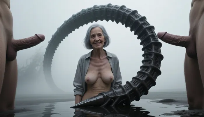 A full-body, head-to-toe. An elderly, innocent, topless, cheerful grandmother who's wearing a blouse, (an aged woman, 70 years old:1.8), . Her skin is that of a 70-year-old woman. The old lady has grey hair, (Small, long, and very saggy breasts:1.8), ((very detailed skin)), . Hair cut in a bob, surrounded by men's giant penises
A surreal, high-contrast digital art piece featuring a singular, organic, textured creature appendage or spine-like structure, reminiscent of H.R. Giger’s biomechanical aesthetic, arching downwards against a minimalist, misty background. The object is dark, gritty, and segmented, with a sharp, pointed tip extending towards the bottom center. The scene is bathed in a soft, ethereal, and hazy light, with a reflective, glossy surface at the base. The composition is stark and atmospheric, using a monochromatic color palette of grays, blacks, and soft whites, with deep shadows and subtle highlights that create a sense of mystery, isolation, and sci-fi horror. Cinematic lighting, smooth gradients, 8k resolution, mysterious atmosphere.