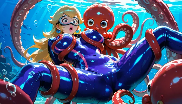 underwater, ((Princess Peach from "Nintendo")), shiny pink latex diving suit, long blond hair, (red octopus tentacles grabbing the woman and squeezing her breasts), beautiful face, big beautiful black eyes, pink lips, open mouth, shocked look, spread legs, floating in the water, realistic light and shadow, many air bubbles around, diving mask, very high quality, ultra wide shot, beautiful, low light, 4k, detailxl, Movie, Still, Film, Cinematic, Shot, Lighting, <lora:JuggerCineXL2:1.2>, <lora:sdxl_lightning_2step_lora:1.7>