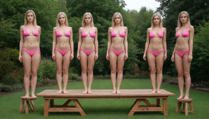 russian blonde Women in pink bikini, barefoot, in formal standing pose, in row, in garden, stand on a table