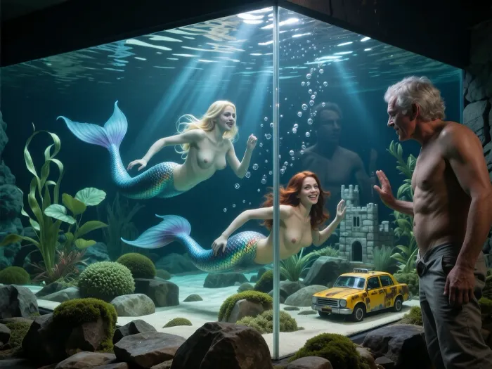 Masterpiece photorealistic cinematic underwater photograph, 4 to 3 frame, full frame 35 mm perspective, eye level viewpoint through the long front pane of an enormous deep home aquarium, the entire frame filled by the aquarium interior, rippling water surface visible along the upper edge, strong depth from foreground rocks through the mermaids to the distant rear glass, physically accurate refraction, realistic caustics, suspended particles, fine bubbles, soft volumetric haze and gentle falloff into darker depth, dramatic top lighting creates narrow shafts through the water, bright highlights against rich deep shadows, strong local contrast and pronounced micro contrast, an extraordinary professional aquascape fills the tank with layered stone formations, pale sand channels, moss covered rocks, carpeting plants, compact bush shaped growth, broad leaved plants, delicate stems and tall ribbon plants reaching almost to the surface, a weathered miniature stone castle and small rusted yellow taxi model sit naturally within the landscape, partly reclaimed by moss like growth, algae and trailing plants, two beautiful adult mermaids, blonde 26 years old and red haired 28 years old, appear relatively small within the immense tank but stand out through crisp directional light and deep surrounding shadows, rendered like real living beings with convincing anatomy, exceptionally detailed faces, realistic blue and green irises, visible pores, fine eyelashes, subtle skin texture, natural smiles, joyful expressive eyes and detailed floating hair strands, their upper bodies are nude, firm detailed tits, long nipples, their iridescent tails show thousands of sharply resolved overlapping scales with bright highlights and translucent fins, both mermaids swim dynamically and independently with playful energy, one accelerating diagonally upward through open water with flowing hair and curved tail, the second lower and farther back near rocks and vegetation turning in another direction in a spontaneous joyful movement, behind the opposite rear pane stands a friendly 70 years old man, his gigantic face filling much of the distant background, enormously larger than the mermaids, clearly outside the tank and visible through the full water column and rear glass, long gray disheveled hair, deeply wrinkled pale skin, deep set kind eyes, long thin nose, elongated chin and gaunt facial structure, his expression warm and gently smiling as he watches the mermaids play, one hand pressed flat against the far glass with the palm visible beside his face, his features subtly softened by water and thick glass refraction, faint reflections across his face and hand establish physical separation from the underwater world, ultra realistic skin microtexture, wet glass reflections, restrained turquoise and green palette, high end photographic realism, organic imperfections, rich blacks, immersive scale, magical fairy tale atmosphere, tender miniature world lovingly observed by giant