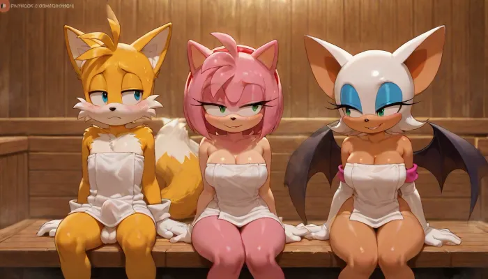 Amy Rose And Rouge the bat from the Sonic the hedgehog, 2 anthro, (Amy Rose and Rouge the bat are wearing white gloves), (Rouge the bat have her wings), Amy Rose beatiful small body, Rouge the bat beatiful body, Tails Miles Prover from sonic the hedgehog franchise, (Male Tails), anthro, furry, tails have his white gloves, Tails have small body, Tails have a small height, Tails have a thin body, in a sauna, (very detailed steam), sweat, Tails Miles Prover is sitting, (Tails Miles Prover is sitting in the centre), Rouge the bat and Amy Rose are Sitting of the sides of Tails Miles Prover, They all are wrapped in white towels, Tails penis is erected, (Tails have a big Bulde under his white towel), Rouge the bat and Amy Rose are looking at Tails, Rogue the bat and Amy Rose are smiling, Tails is blushing, front view, masterpiece, professional image, very detailed image, 4K image