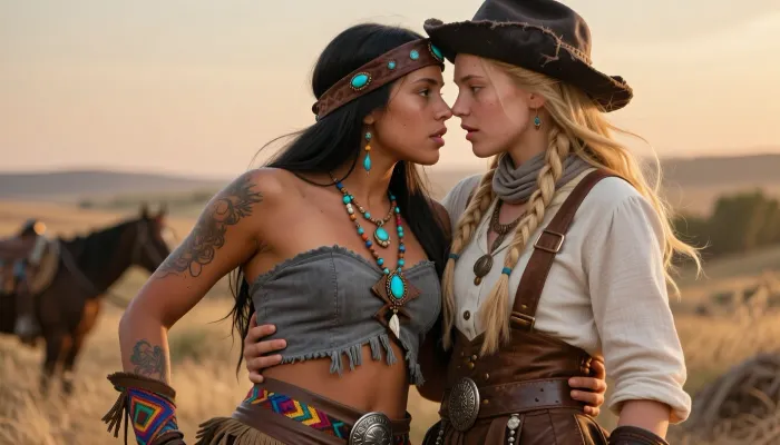 Masterpiece photorealistic cinematic historical romance, late 16th century North American frontier, two young women, both 18 years old, reunited in an overwhelming moment of first love, caught in a spontaneous dynamic embrace, bodies close, arms wrapped around each other, faces only centimeters apart, open eyes locked intensely together, radiant relief, longing and reunion joy, a beautiful Native American young woman, 18 years old, athletic, warm dark skin, deep dark eyes, full lips, long straight black hair, wearing a heavily used weathered leather headband across her forehead, handmade from dark aged hide and richly set with irregular turquoise stones, small beads and hand stitched ornamentation, long hair decorated with additional turquoise, bone, shell and colored beads, intricate tattoos across her arms and shoulders, her clothing made entirely from leather and suede, no modern fabrics, a striking short fitted gray suede top exposing her athletic midriff, constructed from overlapping hand cut leather panels, narrow leather straps, raw irregular edges, leather lacing, small fringes, colorful hand embroidered geometric patterns made from vivid threads, turquoise beadwork and tiny aged metal ornaments, fitted brown buckskin leather trousers, visibly handmade and weathered, decorated along the seams with fringes, colorful thread embroidery and subtle beadwork, broad worn leather belt carrying engraved silver coin ornaments and handcrafted metal appliqués, everything dusty, softened, scratched and genuinely used, beside her the blonde frontier woman, fair freckled skin, vivid blue eyes, exceptionally thick blonde braids, battered dark brown wide brimmed frontier hat with scratched leather band and small ornaments, faded neckerchief, coarse off white hand sewn cotton shirt with horn buttons, upper buttons casually open, rough leather suspenders, heavy period trousers and worn leather boots, primitive stitching, repaired seams, frayed edges and dust, their weathered hands gripping each other with emotion, the entire scene drowned in extraordinarily deep molten gold and burnt orange late afternoon sunlight, blazing low sun behind them, spectacular fiery rim light surrounding hair, shoulders and profiles, thick prairie dust suspended everywhere like glowing golden particles, wind lifting hair, leather fringes, scarf and dust, long dramatic shadows, distant horse and wilderness disappearing into amber haze, powerful volumetric backlight, deep rich shadows, intense warm contrast, razor sharp eyes, skin pores, freckles, suede grain, stitching, beads, turquoise and worn leather, cinematic full frame 85 mm photography, shallow depth of field, subtle analog grain, raw historical texture, monumental golden atmosphere, profound tenderness, longing and first love