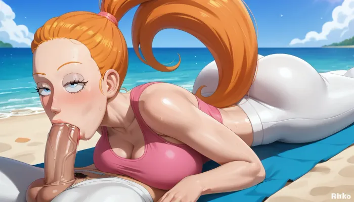 1 woman, ((Summer Smith from “Rick and Morty”:1.8)), witchking00 artstyle, 19yo, orange hair, high long ponytail, pink tank top, white leggings, busty proportions, wide hips, blue eyes, thick body, bbw, thick thighs, huge bubble butt, skintight white yoga pants, 1 man, extremely beautiful face, extremely beautiful, extremely detailed, large breasts, sexy face, sexy look, perfect body, extreme quality, on the beach, nude all, looking at the camera, cock, blowjob, deepthroat, <lora:bombshell_v2:2>