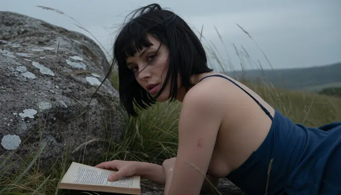 Close-up, side-view of A 30ish woman lying face down, breast visible, buttocks, besider her a large lichen-covered granite boulder on a windswept grassy hillside, reading a small old book, calm direct gaze towards camera., (she has a short black bob and wind-blown fringe, wearing a navy blue slip dress), . Tall wild grass around her, flat overcast daylight, muted cool grey and navy tones, cinematic editorial photography, 35mm film look, moody and atmospheric, shallow depth of field, deep shadows